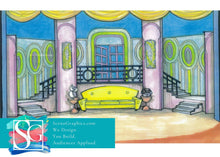 Load image into Gallery viewer, Set Design Blueprints and Instructions for No No Nanette Musical | funky retro living room parlor with double staircase entrance | green and purple art deco art nouveau