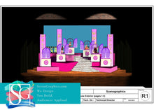 Load image into Gallery viewer, Blueprints Designs for Legally Blonde Musical Set_ Delta Nu Sorority House shutters pink platforms varied height stairs