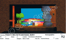 Load image into Gallery viewer, Big door, Little door, Entrance to Wonderland "Alice in Wonderland, Jr." musical set, ScenoGraphics design. Rent Design Pak© to build yourself! DIY Sets, guide to building, high school, college, community theater. Play.