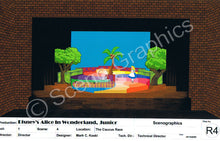 Load image into Gallery viewer, Caucus Race, "Alice in Wonderland, Jr." musical set, ScenoGraphics design. Rent Design Pak© to build yourself! DIY Sets, guide to building, high school, college, community theater. Play.