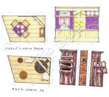 Load image into Gallery viewer, Phelp's Cabin, Pap's Cabin "Big River: Huckleberry Finn" musical set, ScenoGraphics design. Rent Design Pak© to build yourself! DIY Sets, guide to building, high school, college, community theater. Play.