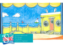 Load image into Gallery viewer, Set Design Blueprints and Instructions for No No Nanette Musical | bright yellow seaside overlook wall and restaurant
