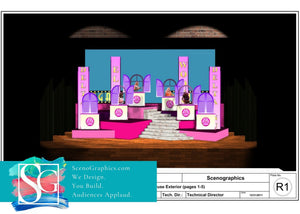 Blueprints Designs for Legally Blonde Musical Set_ Delta Nu Sorority House shutters pink platforms varied height stairs