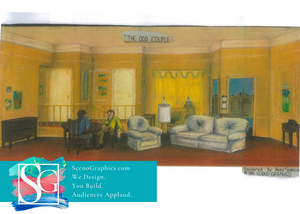 Rendering of set design for The Odd Couple, blueprints to build set for high schools, yellow living room set with hallway and door to kitchen