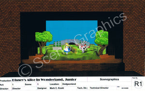 Dogsonland "Alice in Wonderland, Jr." musical set, ScenoGraphics design. Rent Design Pak© to build yourself! DIY Sets, guide to building, high school, college, community theater. Play. 