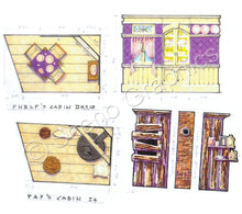 Load image into Gallery viewer, Phelp&#39;s Cabin, Pap&#39;s Cabin &quot;Big River: Huckleberry Finn&quot; musical set, ScenoGraphics design. Rent Design Pak© to build yourself! DIY Sets, guide to building, high school, college, community theater. Play.
