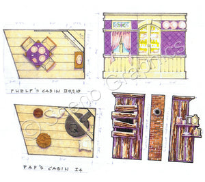 Phelp's Cabin, Pap's Cabin "Big River: Huckleberry Finn" musical set, ScenoGraphics design. Rent Design Pak© to build yourself! DIY Sets, guide to building, high school, college, community theater. Play.