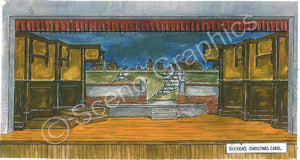 Dicken's "A Christmas Carol" theater set, ScenoGraphics design. Scrooge's House. Rent blueprints to build yourself! DIY Sets, guide to building, high school, college, community theater. Play. Paller adaptation. Samuel French, inc.