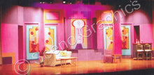 Load image into Gallery viewer, A colorful set design for Mame for a theatrical production featuring Art Deco panels and sliding doors. Build this design with blueprints from scenographics
