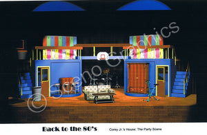 Corey Jr.'s House "Back to the 80's" musical set, ScenoGraphics design. Rent Design Pak© to build yourself! DIY Sets, guide to building, high school, college, community theater. Play.